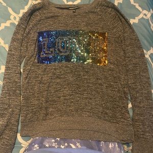 Inspired Hearts Sweater Sweatshirt, Heather Gray, Size XL, with thumb holes.